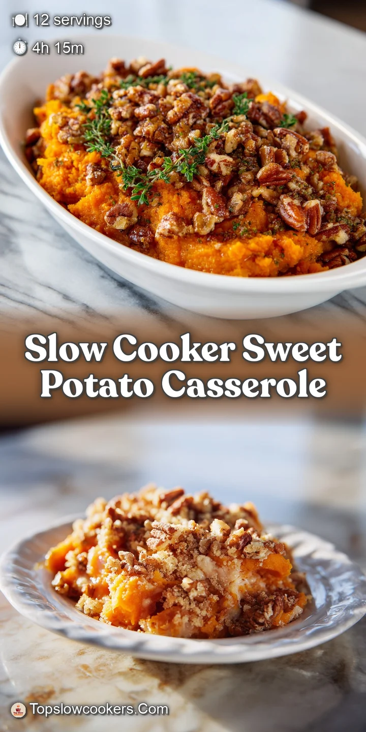 Close-up of a sweet potato casserole: vibrant orange filling with golden-brown, sugared pecans and toasted mini-marshmallows.