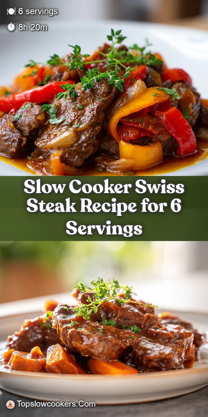 Close-up of tender Swiss steak simmering in a savory, dark gravy with soft onions and peppers.