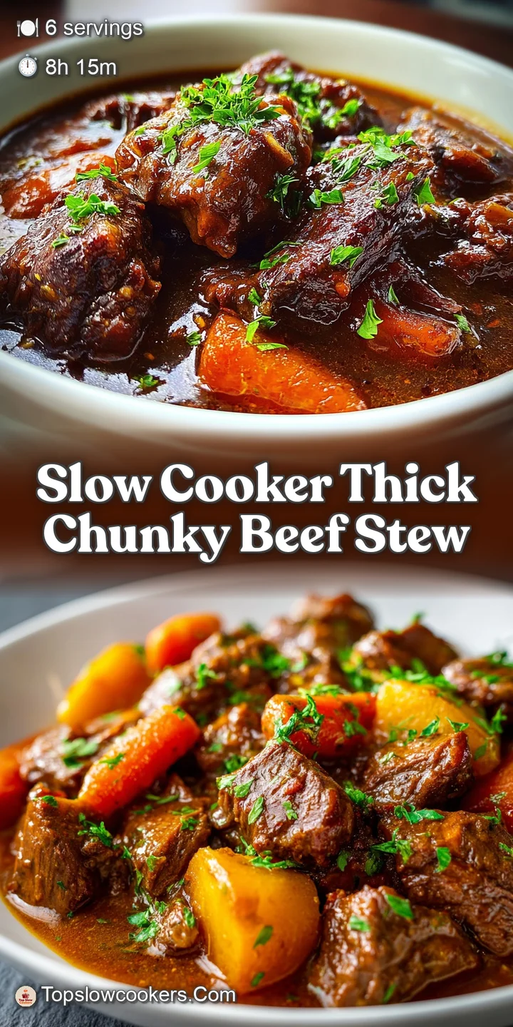 Close-up of thick, glistening beef stew with visible steam, highlighting tender beef and colorful vegetables in a rich, sa...