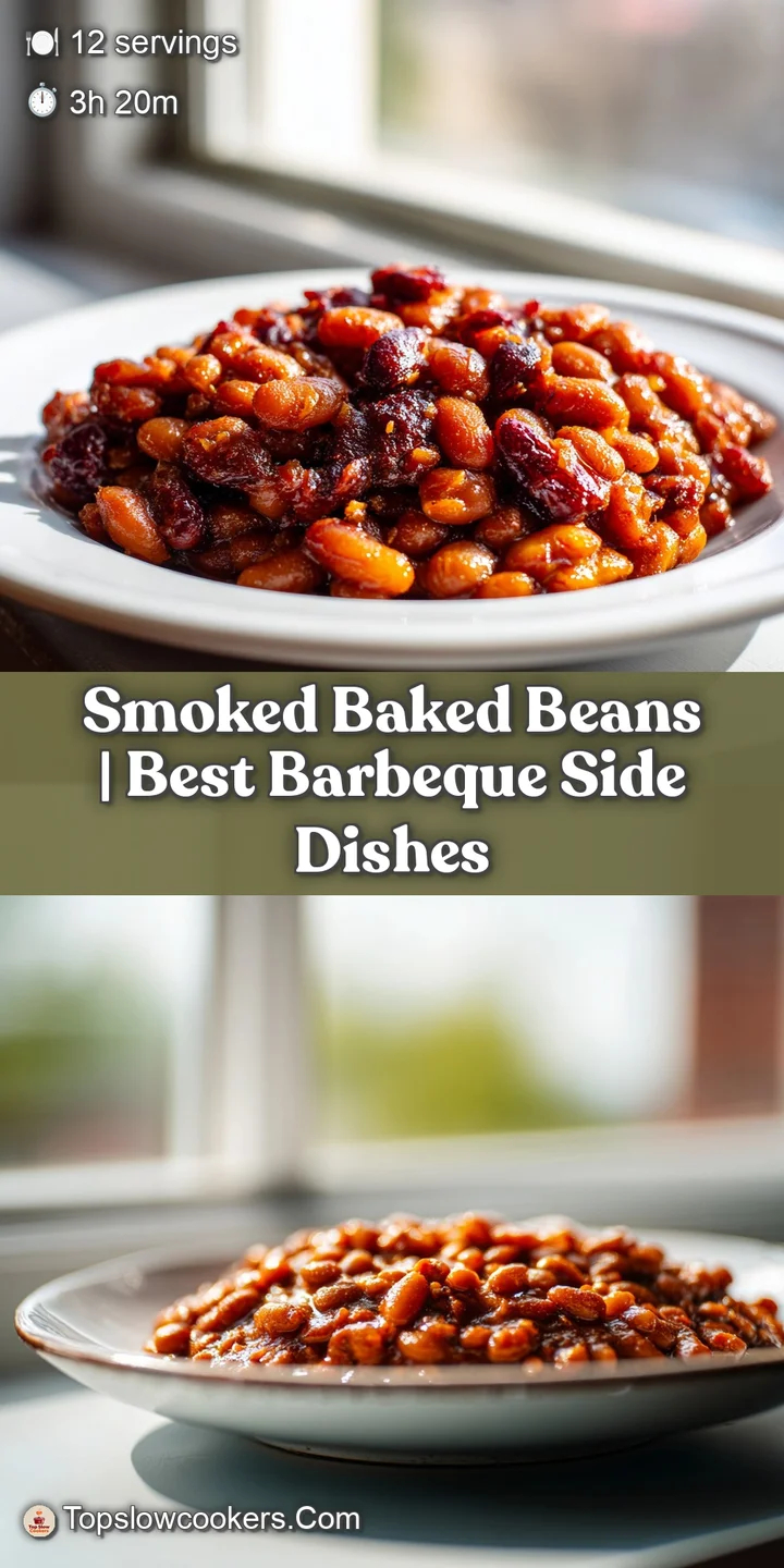 Close-up of thick, dark baked beans, showing tender texture and glistening bacon bits, with a subtle steam rising.