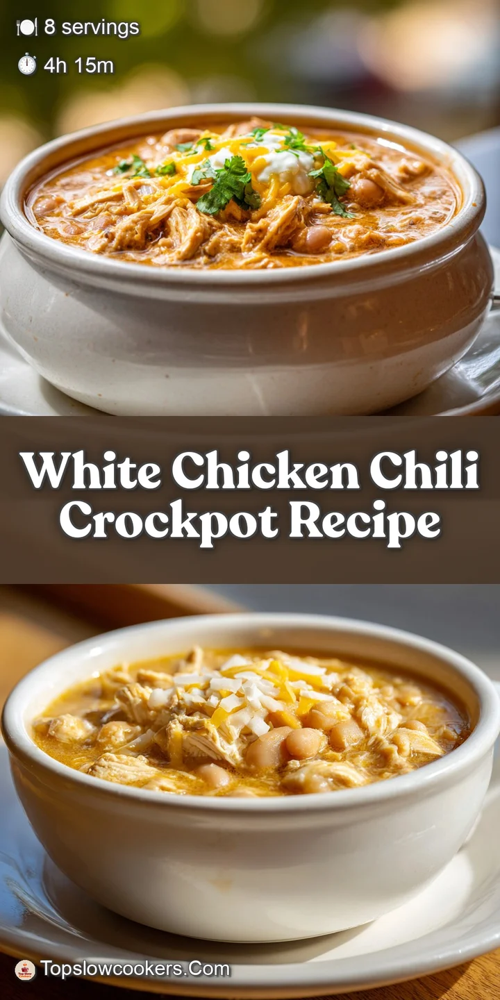Close-up of steaming white chicken chili; tender chicken, creamy broth, and colorful cilantro create an inviting, hearty d...