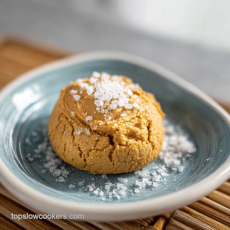A stack of warm peanut butter cookies dusted with coarse sea salt, hinting at sweet and salty.
