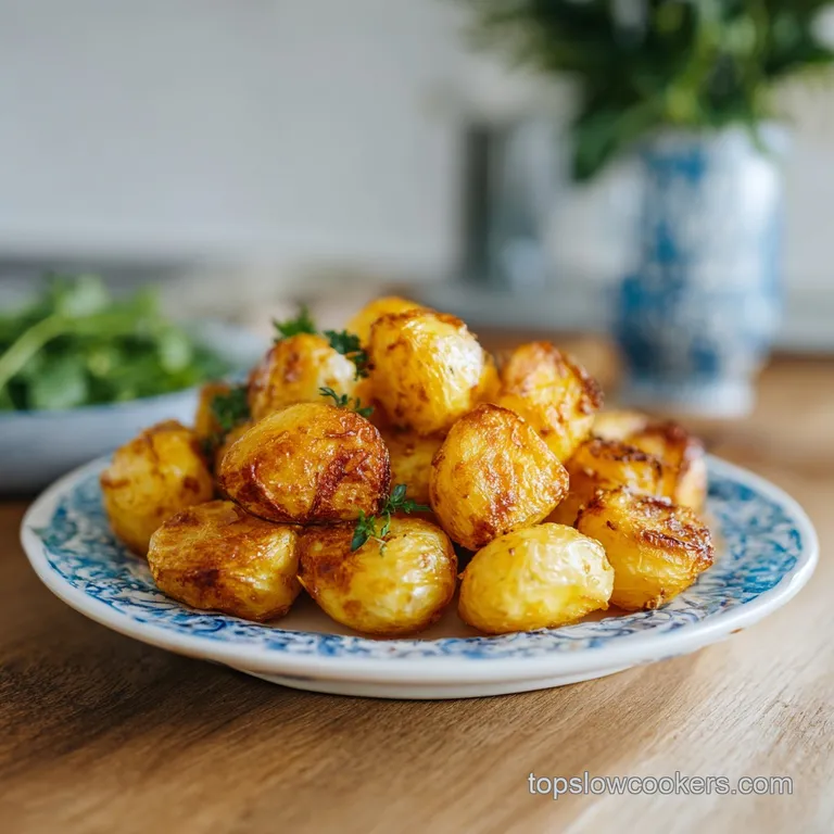 Plated golden air fryer potatoes, artfully arranged with a sprinkle of herbs, on a white plate.
