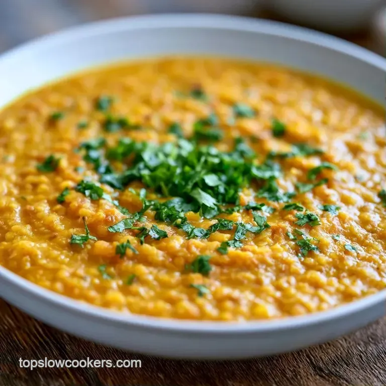 A deep bowl of creamy yellow lentils topped with a swirl of melted ghee and a sprig of fresh, bright green cilantro.