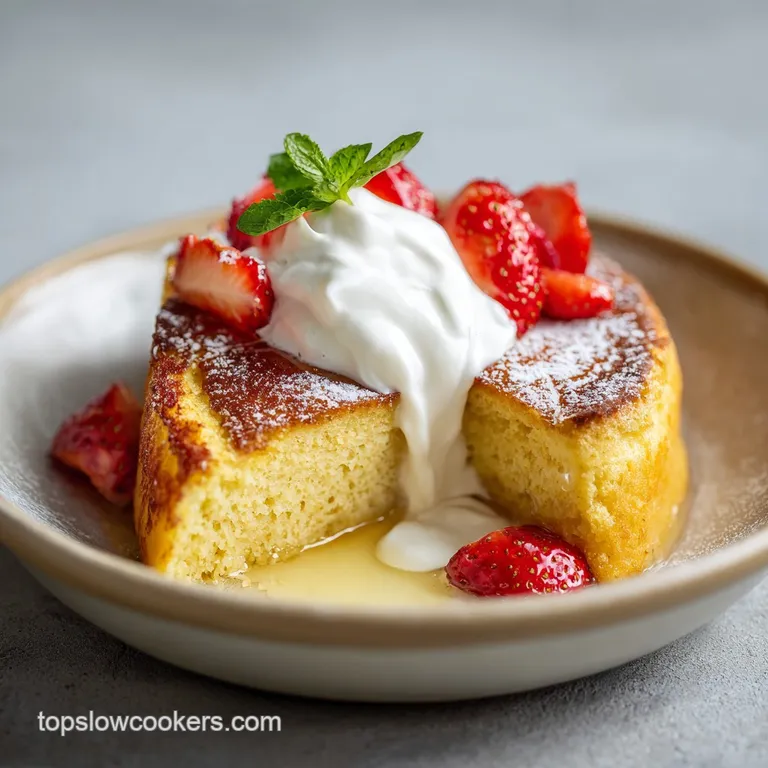 A slice of airy tres leches cake on a white plate, adorned with fresh strawberries and a dusting of cocoa.