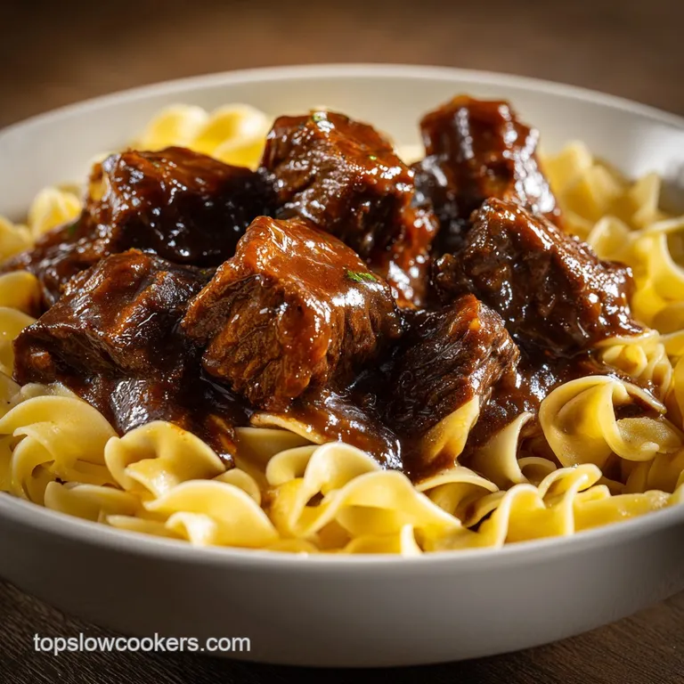 Sliced tender meat over a bed of wide golden egg noodles, drizzled with savory sauce on a modern matte dark plate.