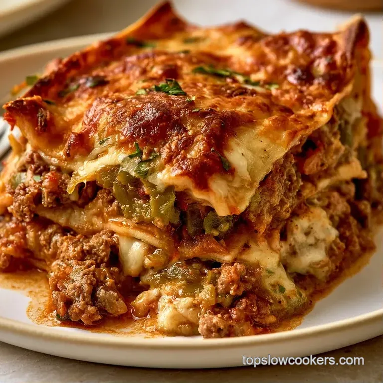 A plated slice of cheesy beef layers topped with a swirl of white cream and a sprig of bright green cilantro