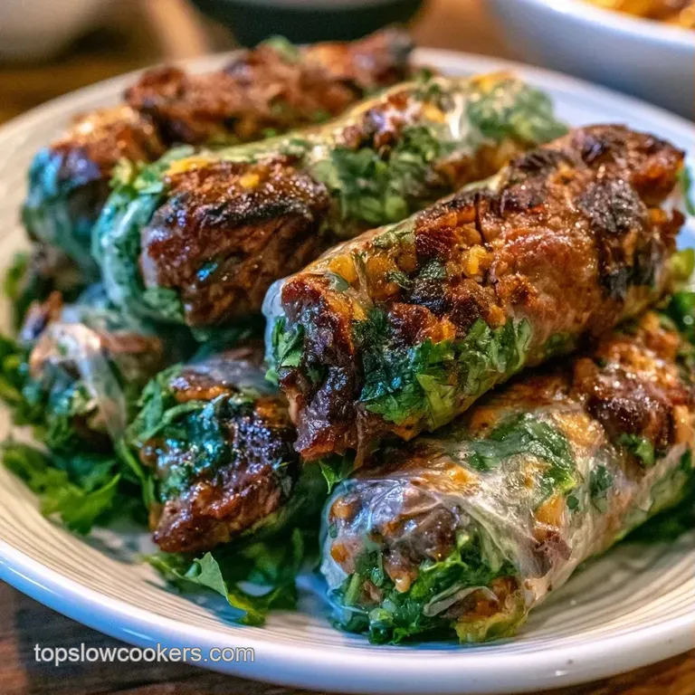 Neatly arranged translucent rolls beside a small bowl of amber dipping sauce and scattered fresh mint leaves.