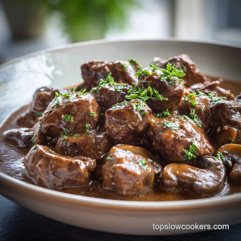 Tender beef tips in mushroom sauce, artfully plated with parsley garnish, suggesting a delicious, comforting, and elegant ...