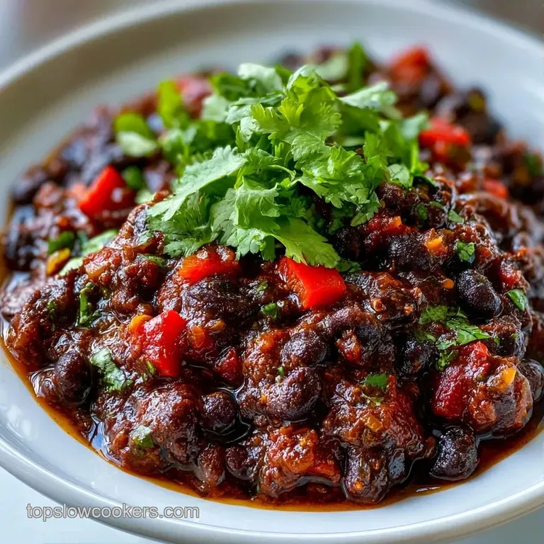 Rustic ceramic bowl of thick dark bean stew topped with a swirl of cream, diced onions, and a fresh lime wedge.