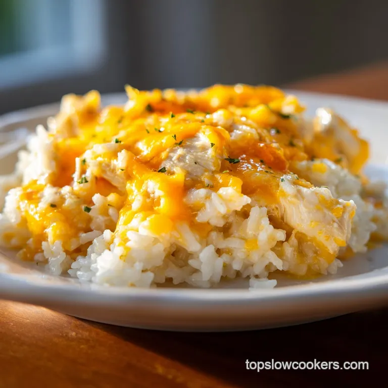 Close-up of creamy chicken and rice plated next to steamed broccoli. Melted cheese glistens. Fresh parsley garnish adds a ...