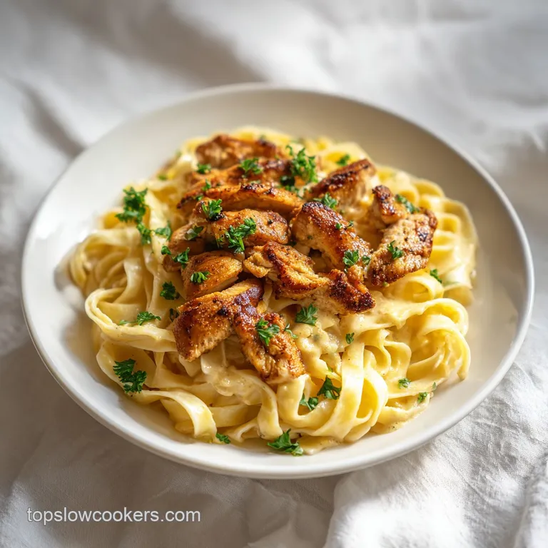 A swirling mound of buttery pasta and tender chicken pieces on a white plate, garnished with parmesan cheese
