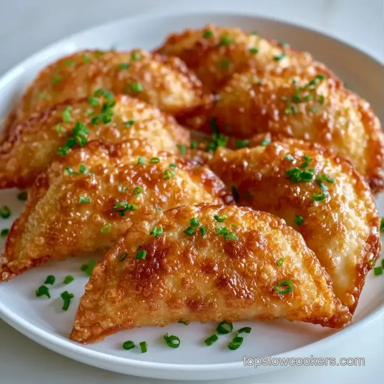 Pan-seared translucent rolls arranged on a white ceramic plate, garnished with sliced scallions and toasted sesame.
