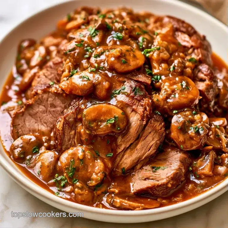 Sliced tender beef drizzled with a creamy mushroom sauce on a white plate, garnished with fresh parsley.