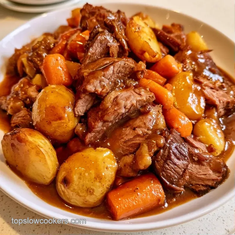Slices of tender beef drizzled with glossy brown sauce next to fluffy roasted potatoes and a sprig of parsley.