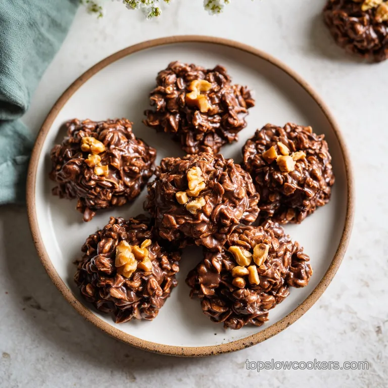 Stacked, glossy no-bake cookies arranged artfully on a white plate with a drizzle of melted chocolate.