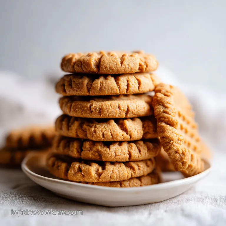 Stacked peanut butter cookies, glistening and slightly cracked, on a rustic wooden board.