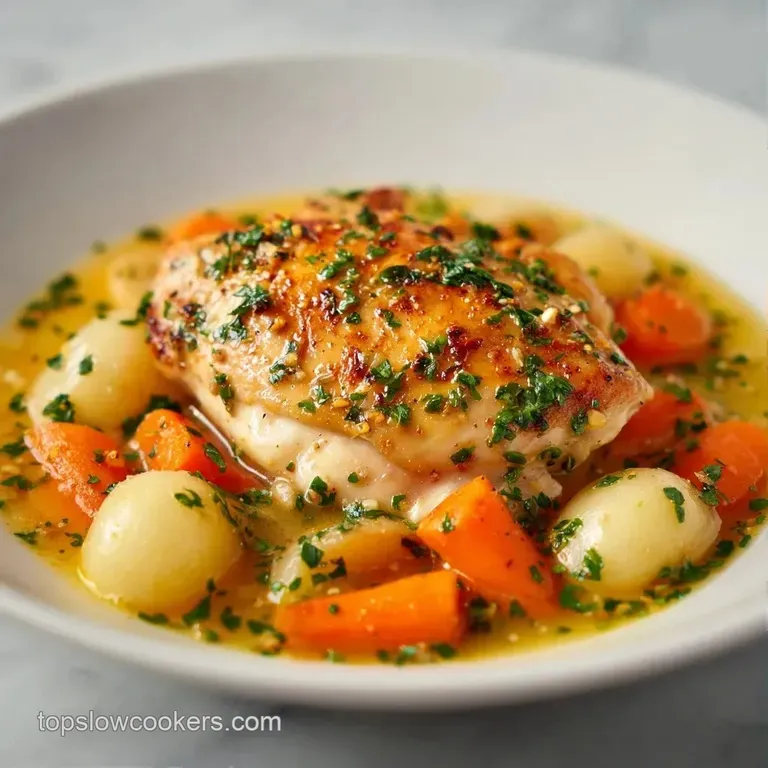 A steaming white ceramic bowl of golden broth and vegetables topped with parsley, served with crusty sourdough bread.