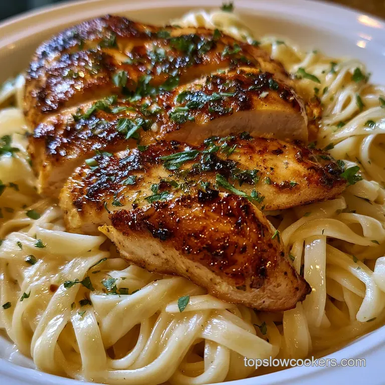 Elegant white bowl of swirled creamy pasta topped with sliced golden chicken and a sprinkle of parmesan