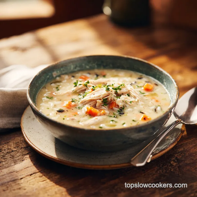 Elegant bowl of creamy chicken wild rice soup, garnished with fresh parsley, alongside a crusty bread slice, hinting at a ...
