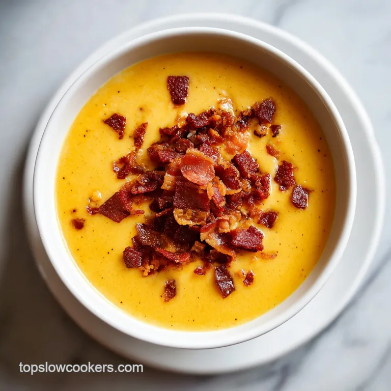 Elegant white bowl of thick golden corn chowder drizzled with cream and topped with smoky bacon and microgreens