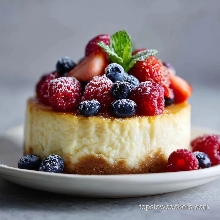 A slice of creamy cheesecake, artfully presented with a drizzle of berry sauce and a dusting of powdered sugar.