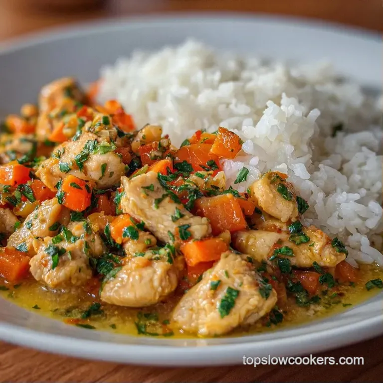 A shallow white bowl filled with creamy rice and chicken, topped with fresh chopped parsley and cracked black pepper.