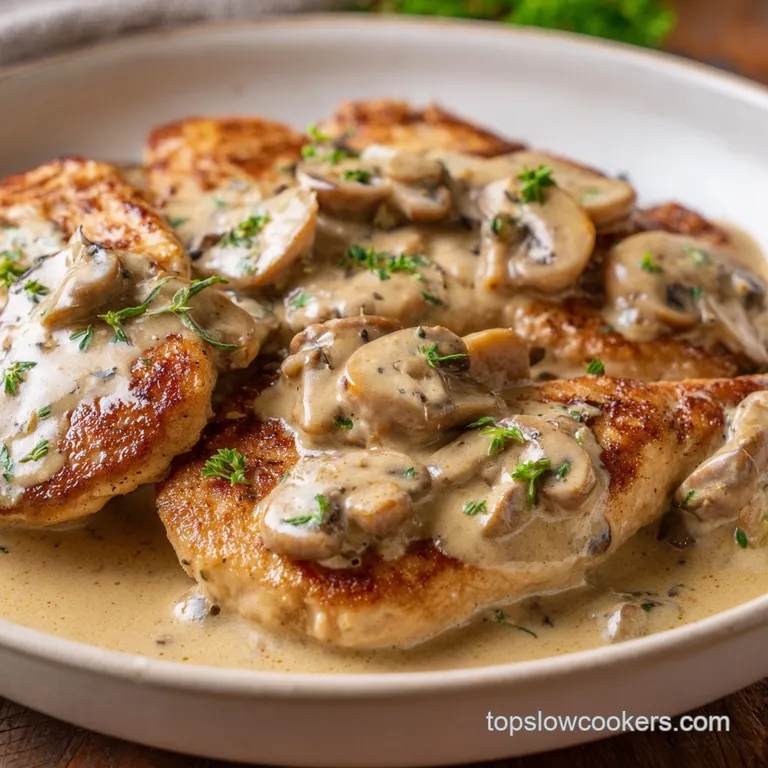 Golden chicken fillets nestled in a rich cream sauce on a white plate, topped with fresh green parsley sprigs.