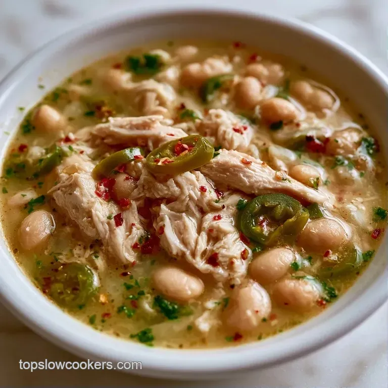 Elegant bowl of creamy white stew topped with a dollop of sour cream, sliced jalape&ntilde;os, and a sprinkle of cilantro.