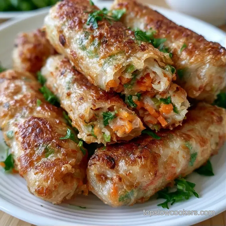 Translucent rolls neatly arranged on a white ceramic platter with a side of amber sauce and fresh mint sprigs.