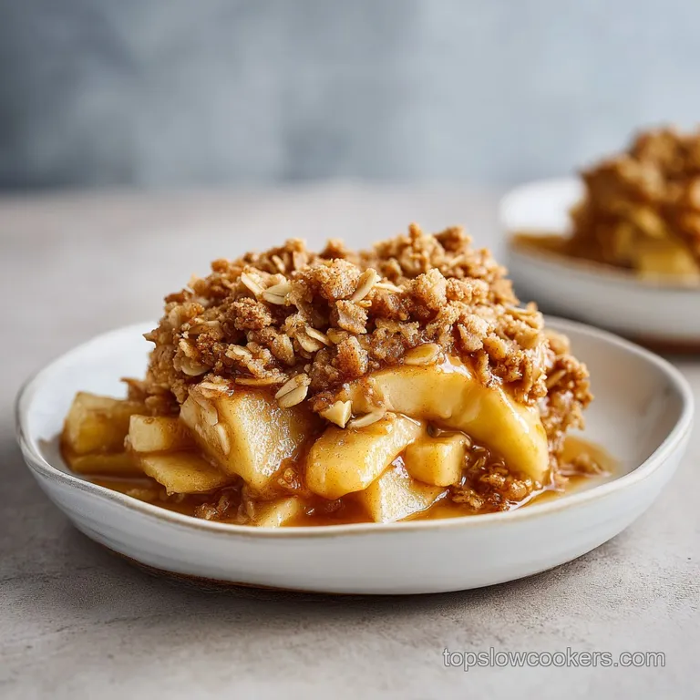 Warm apple crisp in a porcelain bowl, topped with a scoop of melting vanilla ice cream. Cinnamon stick and apple slice gar...