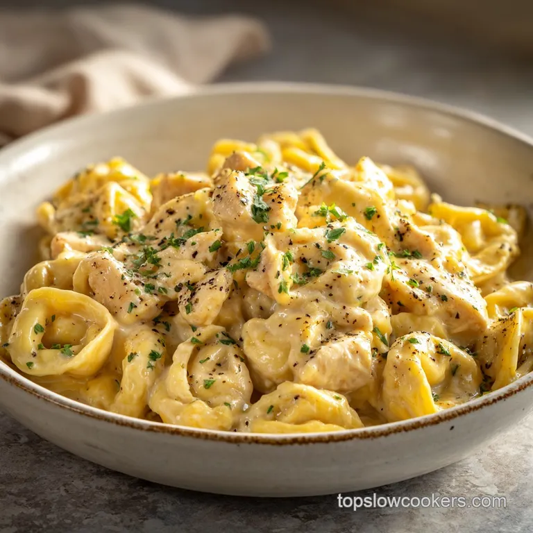 Elegant plate of creamy tortellini Alfredo with sliced chicken. Garnished with fresh parsley and cracked black pepper.