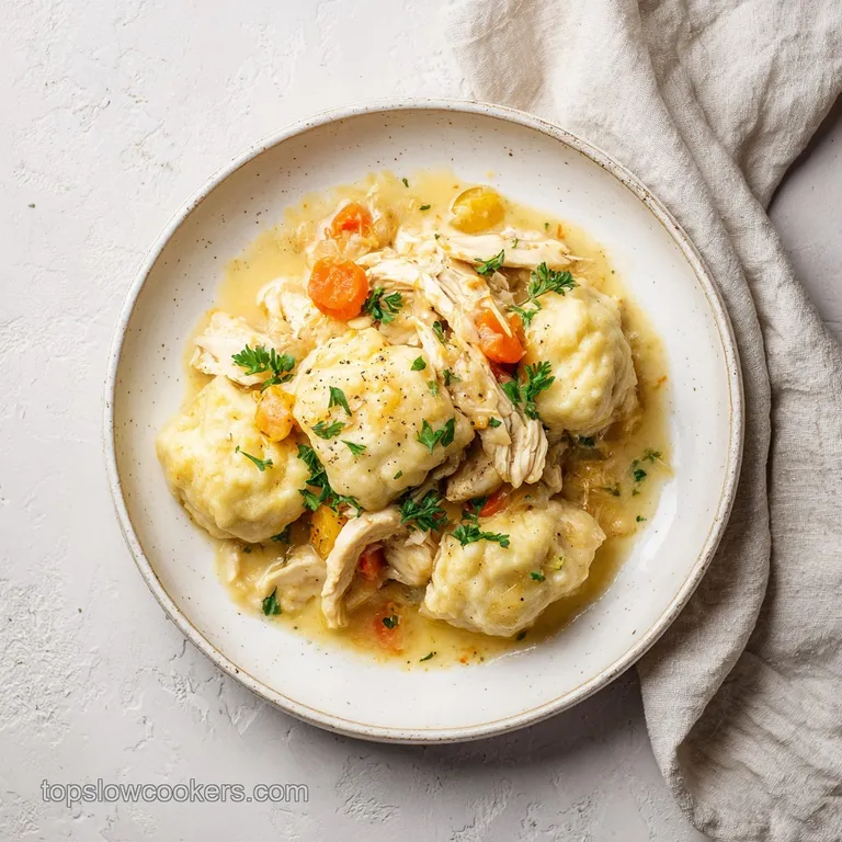 A single, artfully arranged serving of chicken and dumplings in a shallow bowl, garnished with vibrant green parsley and c...