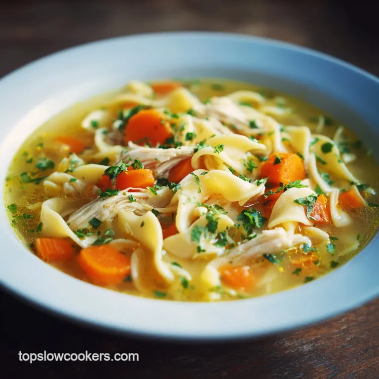 Creamy chicken noodle soup in a white bowl, garnished with fresh parsley. Steam rises, hinting at its comforting warmth.