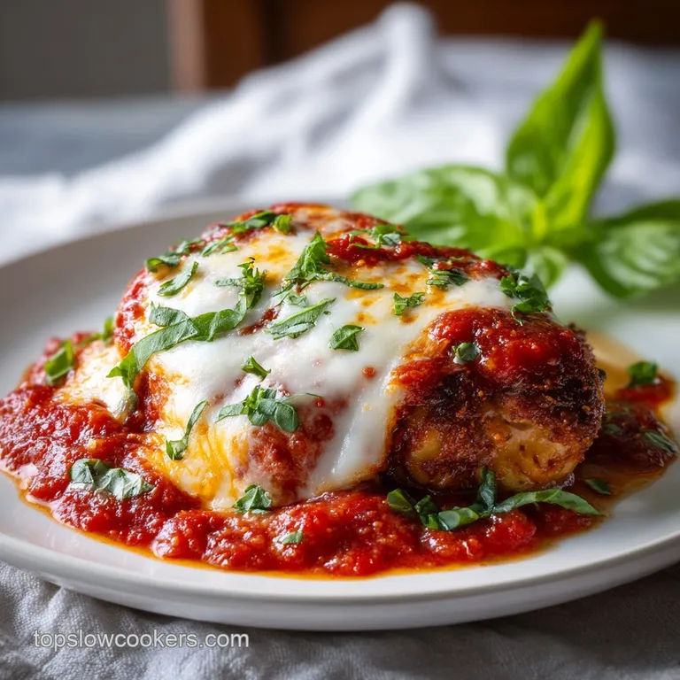 Crispy chicken parmesan topped with fresh basil. Served on a white plate, inviting and hot, ready to enjoy.