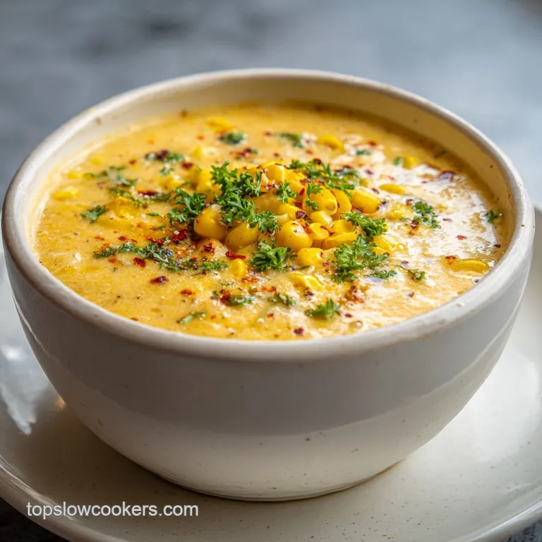Elegant bowl of creamy corn chowder, garnished with fresh chives and crispy bacon bits, ready to be served. Warm lighting.