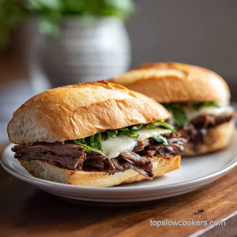 French dip sandwich half with glistening, juicy shredded beef spilling out. Bowl of dark au jus on the side begs to be dip...