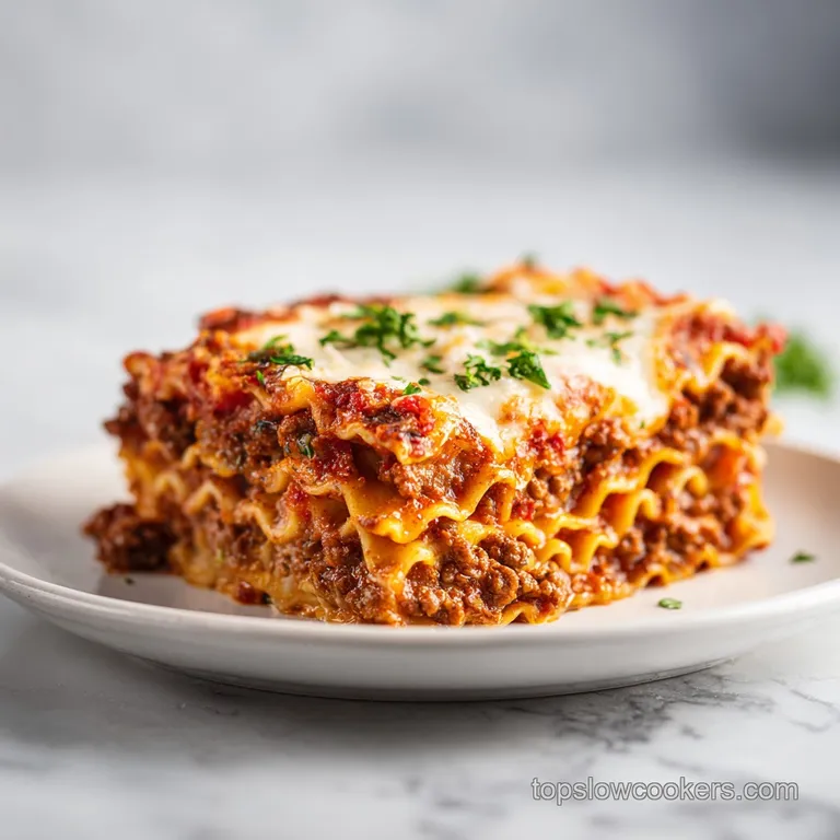 A single slice of meaty lasagna with melted cheese, sitting on a white plate, steam rising, ready to be enjoyed.