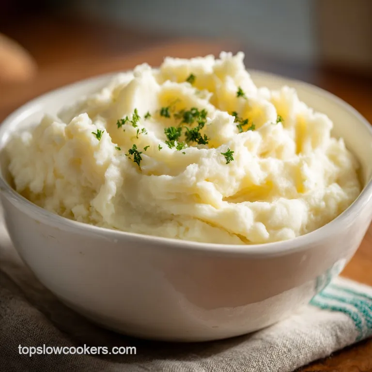 A generous swirl of creamy mashed potatoes artfully plated, topped with fresh chives and a drizzle of golden butter; comfo...