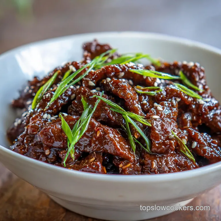 Glossy, dark-sauced Mongolian beef elegantly plated with a side of white rice, sprinkled with fresh green scallions as gar...