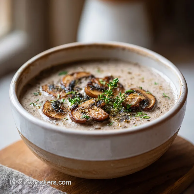 Creamy mushroom soup in a rustic bowl. Topped with fresh thyme and a swirl of cream, hinting at warmth and savory flavors.