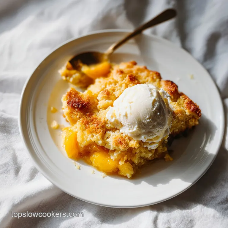 Warm peach cobbler in a ramekin, garnished with a scoop of melting vanilla ice cream, showcasing its juicy peaches and gol...
