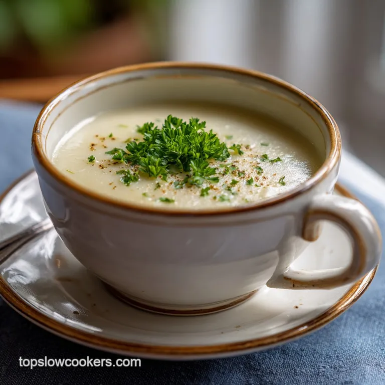 A rustic bowl of thick potato soup, garnished with crispy bacon bits and vibrant green onions, sits on a wooden table.