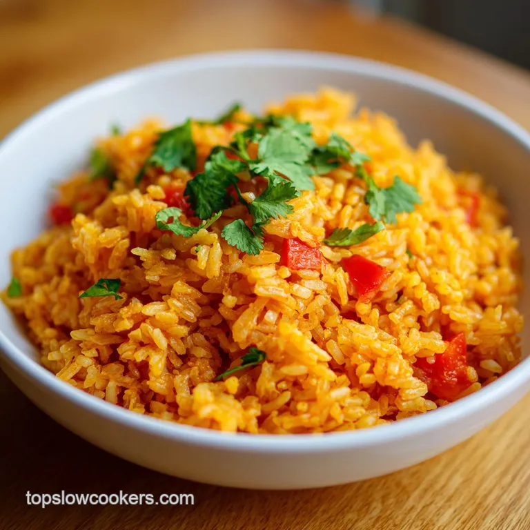 Steaming Spanish rice beautifully plated, garnished with cilantro, showcasing fluffy texture and rich color.