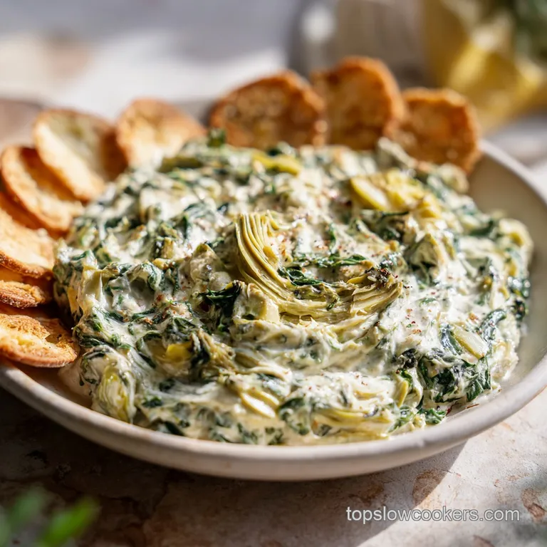 Elegant bowl of spinach artichoke dip garnished with fresh parsley, alongside crispy toasted bread, inviting and warm.