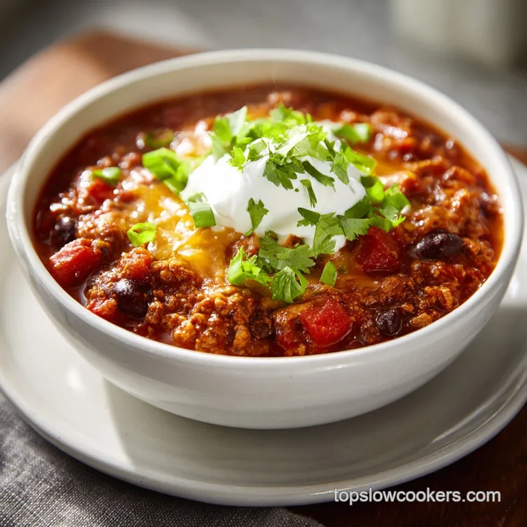 Steaming bowl of chili, garnished with sour cream, green onions and a lime wedge, served on a wooden board.