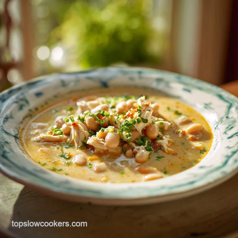 A rustic bowl of white chicken chili, garnished with vibrant green cilantro and a dollop of cool sour cream on a wooden ta...