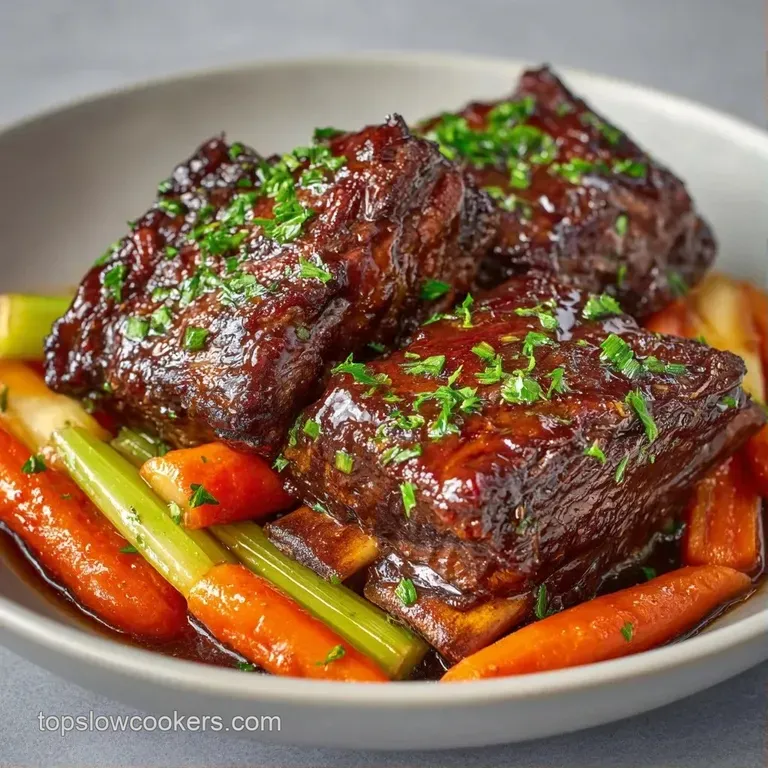 Succulent, dark brown meat topped with a fresh thyme sprig on a white plate beside glazed baby carrots.