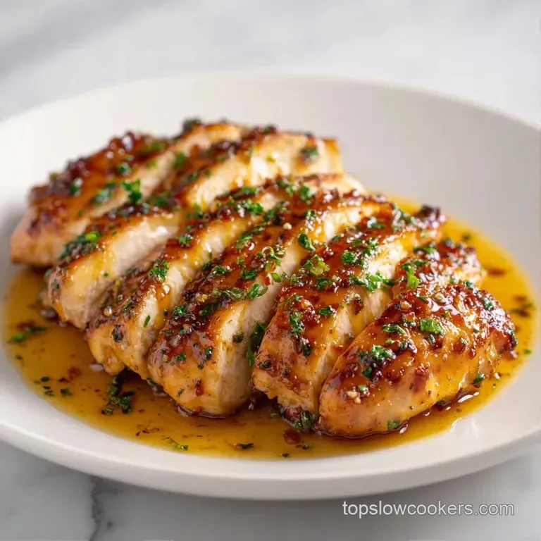 Sliced moist chicken breast arranged on a ceramic plate with vibrant steamed carrots and a drizzle of pan sauce.