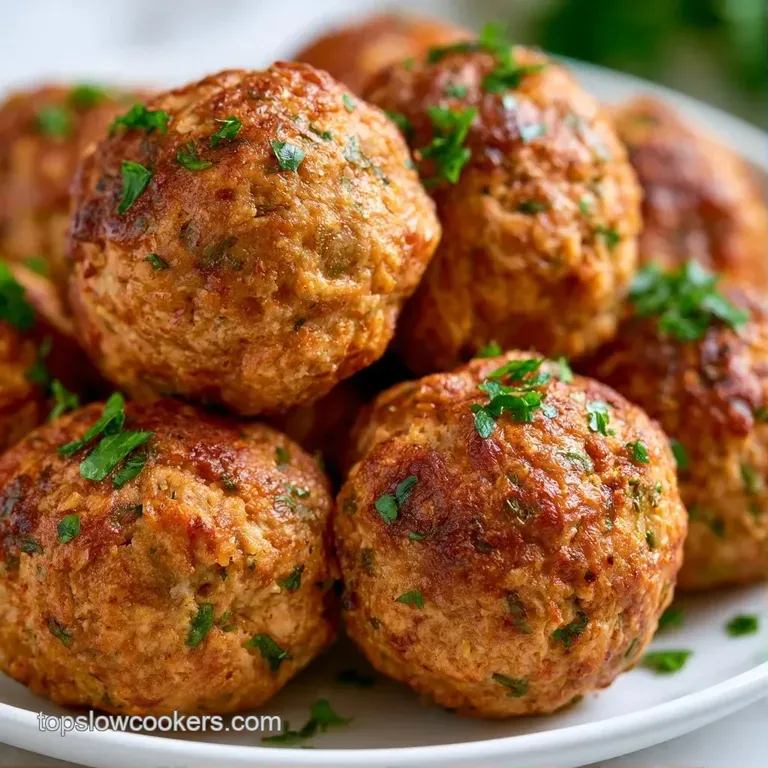 Glazed brown meatballs arranged on a white platter, garnished with fresh parsley and a sprinkle of aged parmesan.